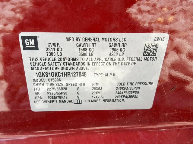 1GKS1GKC1HR127048 - 2017 GMC YUKON XL C MAROON photo 10