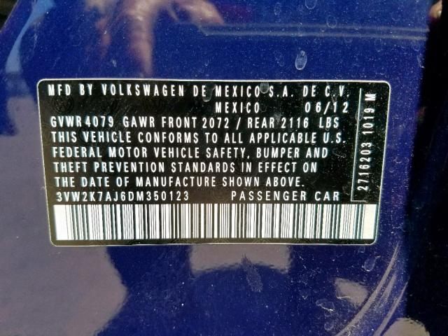 3VW2K7AJ6DM350123 - 2013 VOLKSWAGEN JETTA BASE BLUE photo 10