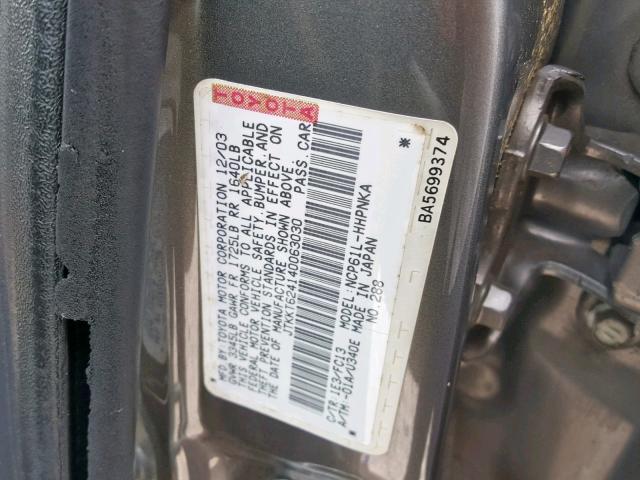 JTKKT624140063030 - 2004 TOYOTA SCION XA GRAY photo 10