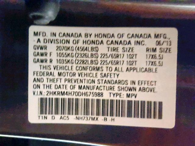 2HKRM4H70DH675988 - 2013 HONDA CR-V EXL GRAY photo 10