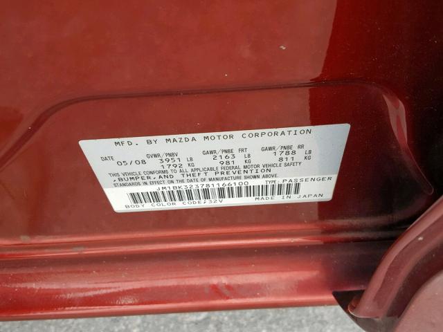 JM1BK323781166100 - 2008 MAZDA 3 S RED photo 10