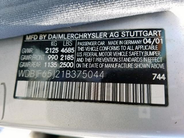 WDBJF65J21B375044 - 2001 MERCEDES-BENZ E 320 SILVER photo 10