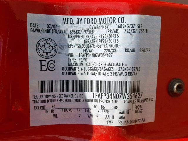 1FAFP34N07W354627 - 2007 FORD FOCUS ZX4 RED photo 10