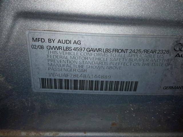 WAUAF78E48A144889 - 2008 AUDI A4 2.0T SILVER photo 10