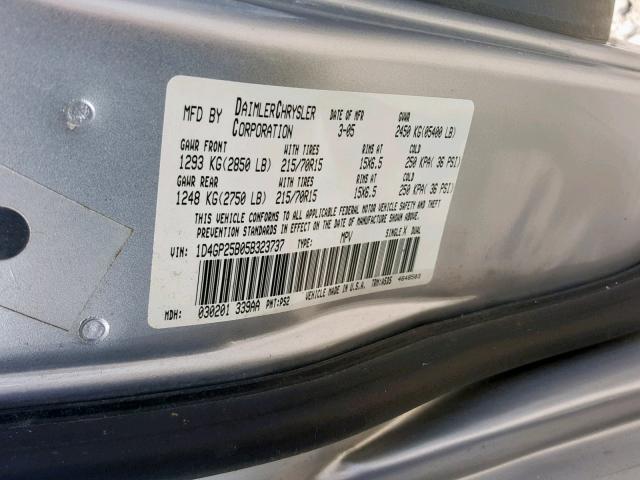 1D4GP25B05B323737 - 2005 DODGE CARAVAN SE SILVER photo 10