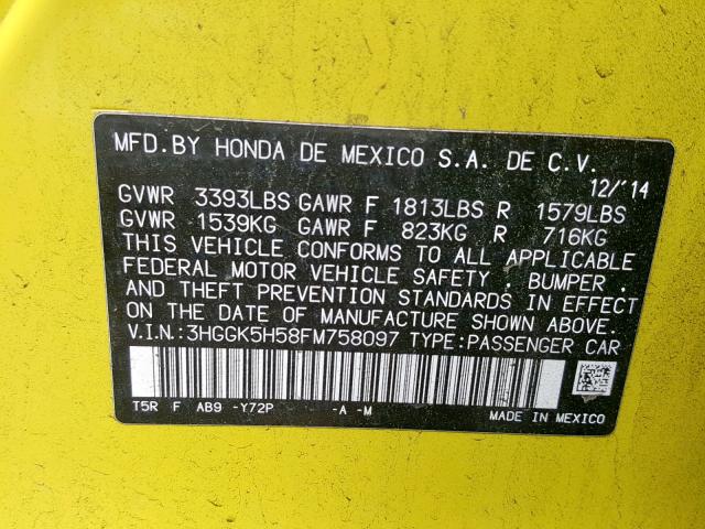 3HGGK5H58FM758097 - 2015 HONDA FIT LX YELLOW photo 10