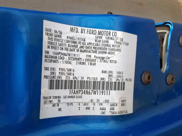 1FAHP34N67W119111 - 2007 FORD FOCUS ZX4 BLUE photo 10