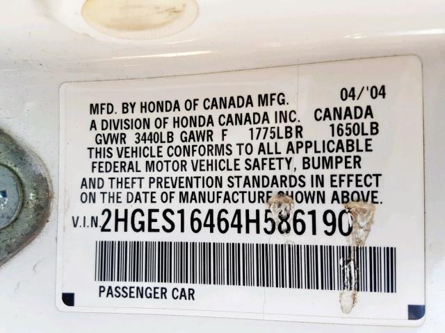 2HGES16464H586190 - 2004 HONDA CIVIC DX WHITE photo 10