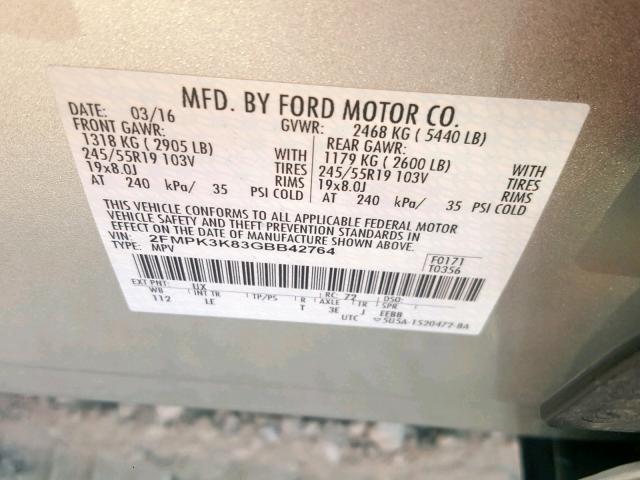 2FMPK3K83GBB42764 - 2016 FORD EDGE TITAN SILVER photo 10