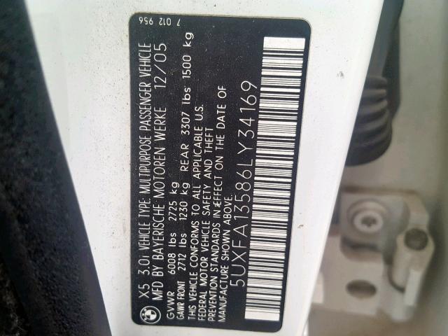 5UXFA13586LY34169 - 2006 BMW X5 3.0I WHITE photo 10