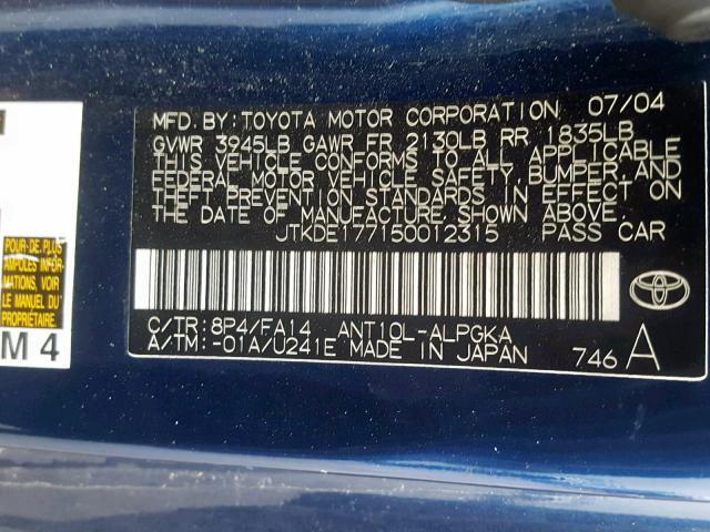 JTKDE177150012315 - 2005 TOYOTA SCION TC BLUE photo 10