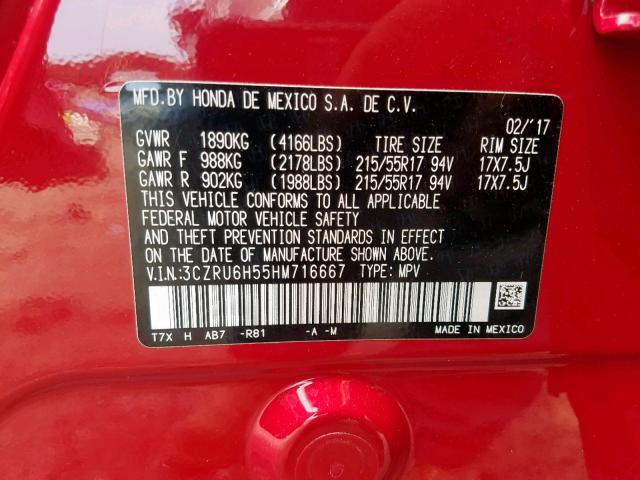 3CZRU6H55HM716667 - 2017 HONDA HR-V EX RED photo 10