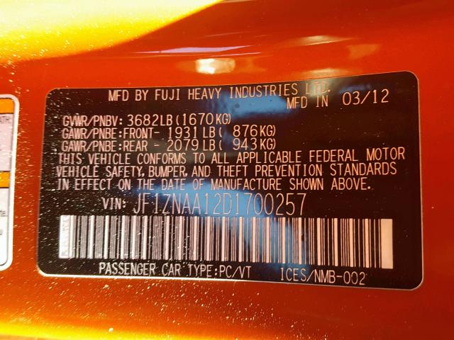 JF1ZNAA12D1700257 - 2013 TOYOTA SCION FR-S BROWN photo 10