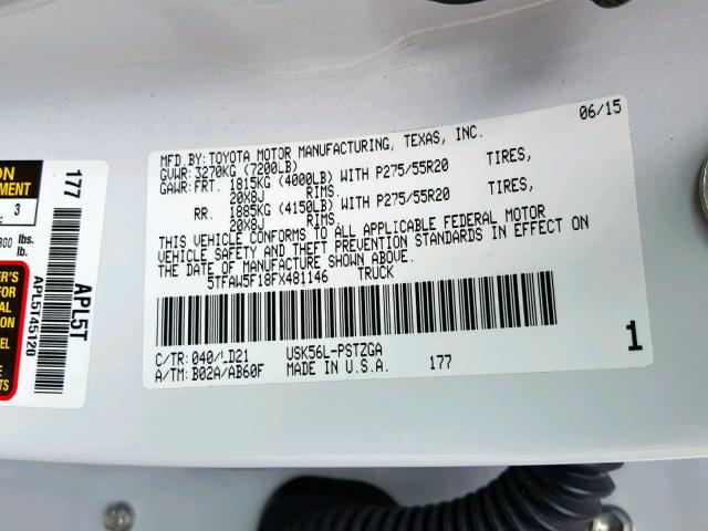 5TFAW5F18FX481146 - 2015 TOYOTA TUNDRA CRE WHITE photo 10