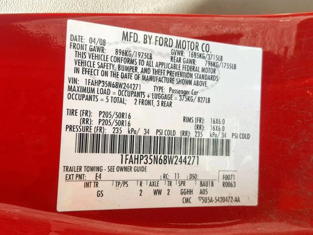 1FAHP35N68W244271 - 2007 FORD FOCUS RED photo 10