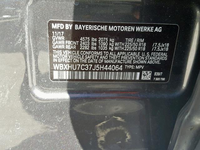 WBXHU7C37J5H44064 - 2018 BMW X1 SDRIVE2 GRAY photo 10
