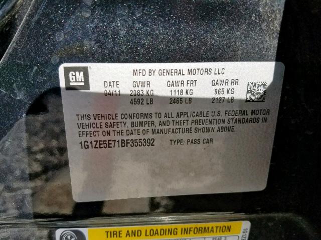 1G1ZE5E71BF355392 - 2011 CHEVROLET MALIBU LTZ შავი ფოტო 10