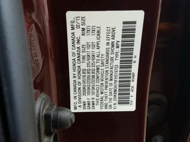 2HKRM3H79FH519753 - 2015 HONDA CR-V EXL MAROON photo 10