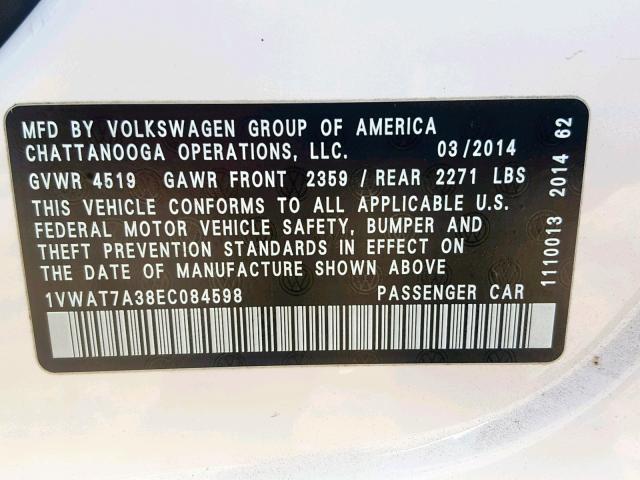 1VWAT7A38EC084598 - 2014 VOLKSWAGEN PASSAT S WHITE photo 10