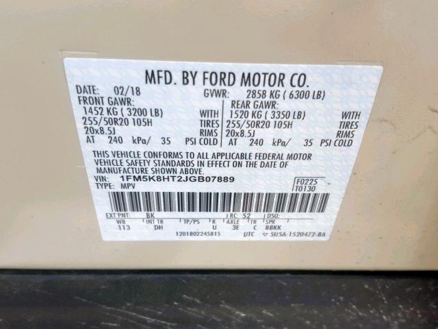 1FM5K8HT2JGB07889 - 2018 FORD EXPLORER P TAN photo 10