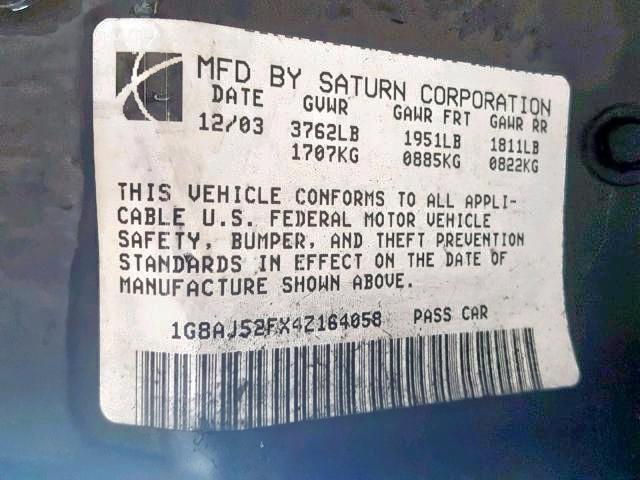 1G8AJ52FX4Z164058 - 2004 SATURN ION LEVEL GREEN photo 10