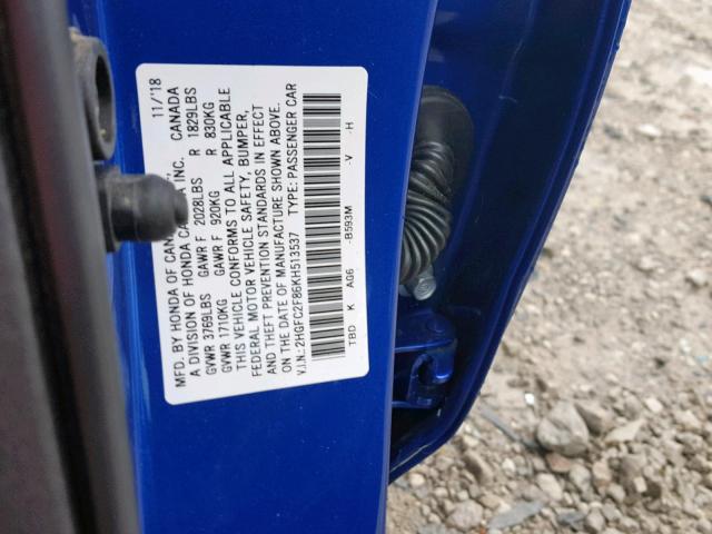 2HGFC2F86KH513537 - 2019 HONDA CIVIC SPOR BLUE photo 10