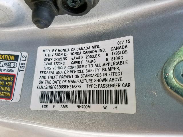 2HGFG3B05FH516879 - 2015 HONDA CIVIC EXL 银色 照片 10