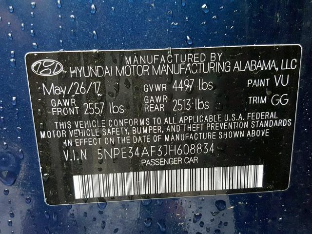 5NPE34AF3JH608834 - 2018 HYUNDAI SONATA SPO BLUE photo 10