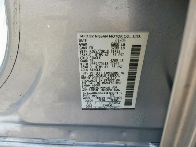 5N3AA08A96N808215 - 2006 INFINITI QX56 SILVER photo 10