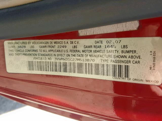 3VWRW31C27M513870 - 2007 VOLKSWAGEN NEW BEETLE წითელი ფოტო 10