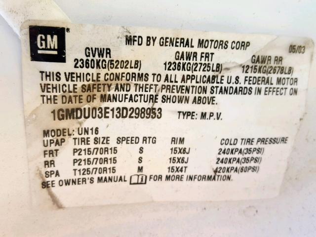 1GMDU03E13D298953 - 2003 PONTIAC MONTANA WHITE photo 10