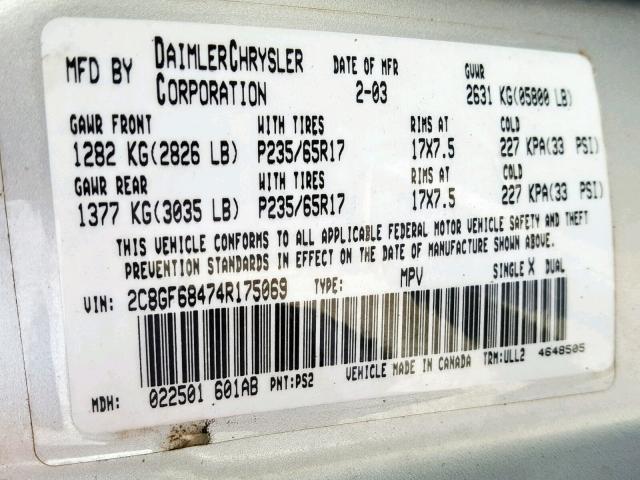 2C8GF68474R175069 - 2004 CHRYSLER PACIFICA SILVER photo 10