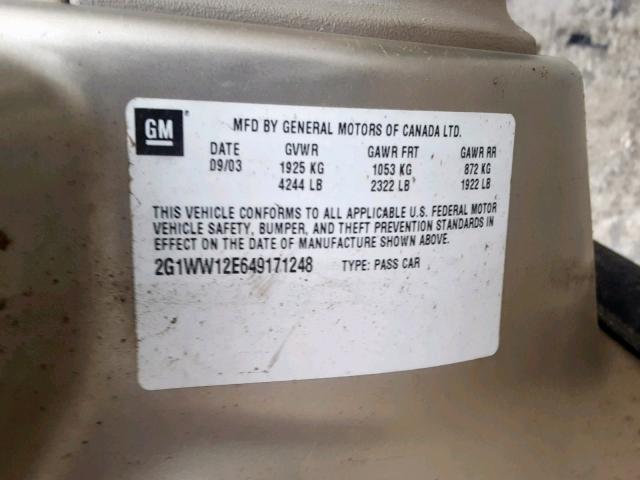 2G1WW12E649171248 - 2004 CHEVROLET MONTE CARL 金色 照片 10