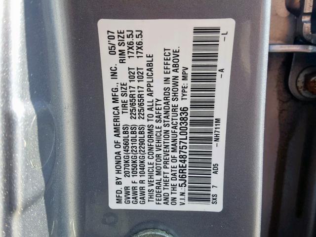 5J6RE48757L003836 - 2007 HONDA CR-V EXL SILVER photo 10