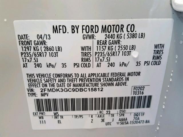 2FMDK3GC9DBC15812 - 2013 FORD EDGE SE WHITE photo 10