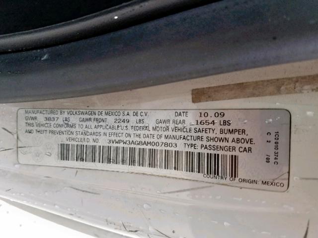 3VWPW3AG8AM007803 - 2010 VOLKSWAGEN NEW BEETLE თეთრი ფოტო 10