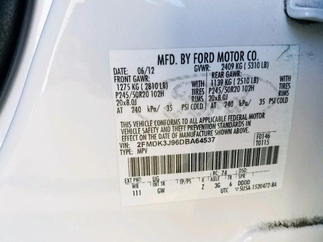 2FMDK3J96DBA64537 - 2013 FORD EDGE SEL WHITE photo 10