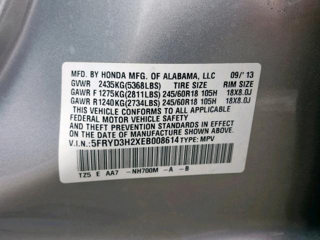 5FRYD3H2XEB008614 - 2014 ACURA MDX SILVER photo 10