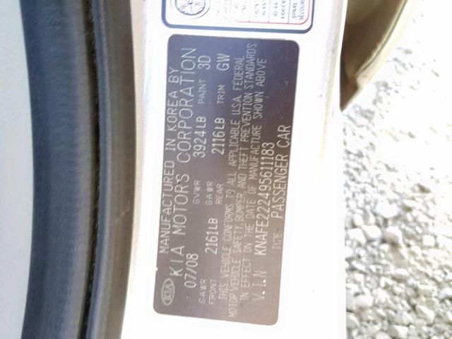 KNAFE222495611183 - 2009 KIA SPECTRA EX SILVER photo 10