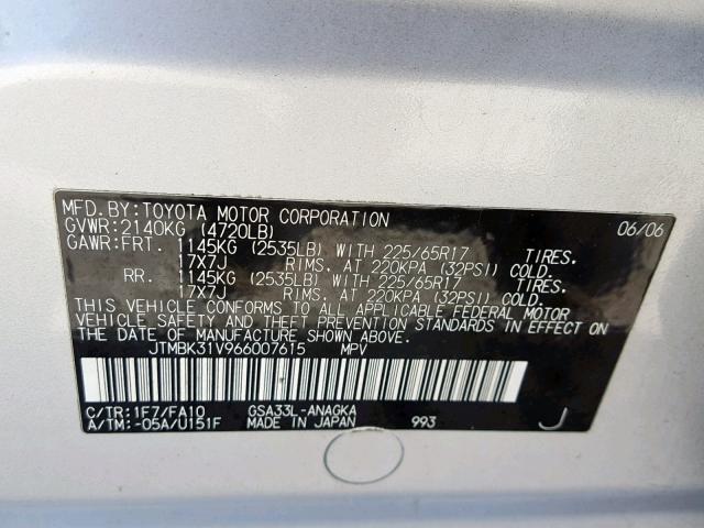 JTMBK31V966007615 - 2006 TOYOTA RAV4 LIMIT SILVER photo 10