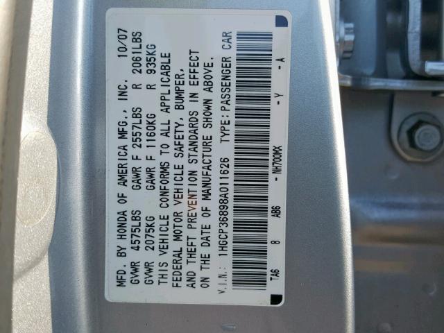 1HGCP36898A011626 - 2008 HONDA ACCORD EXL SILVER photo 10