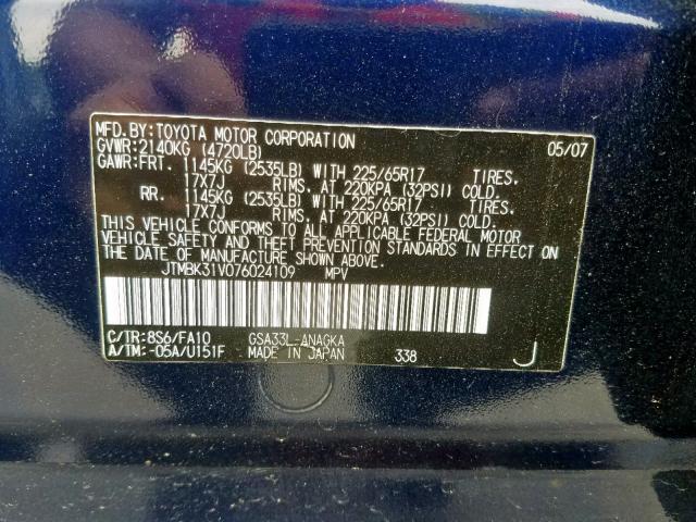 JTMBK31V076024109 - 2007 TOYOTA RAV4 LIMIT BLUE photo 10