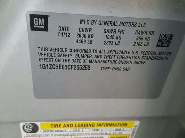 1G1ZC5E05CF265253 - 2012 CHEVROLET MALIBU 1LT SILVER photo 10