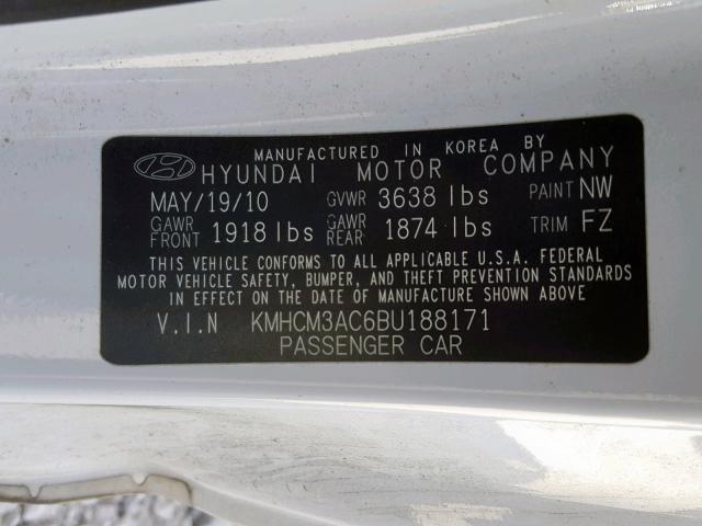 KMHCM3AC6BU188171 - 2011 HYUNDAI ACCENT GL WHITE photo 10