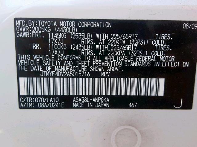 JTMYF4DV2A5015716 - 2010 TOYOTA RAV4 LIMIT WHITE photo 10