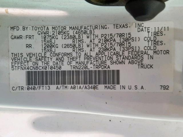 5TFNX4CN8CX010450 - 2012 TOYOTA TACOMA WHITE photo 10