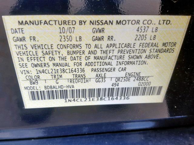 1N4CL21E38C164336 - 2008 NISSAN ALTIMA HYB BLUE photo 10