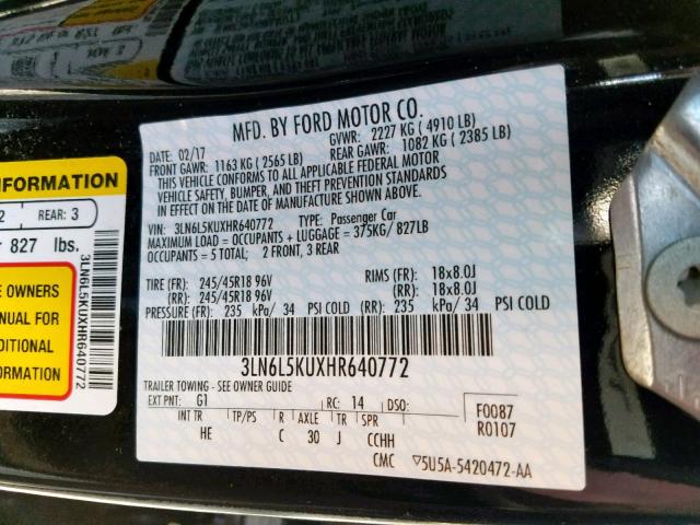 3LN6L5KUXHR640772 - 2017 LINCOLN MKZ HYBRID BLACK photo 10