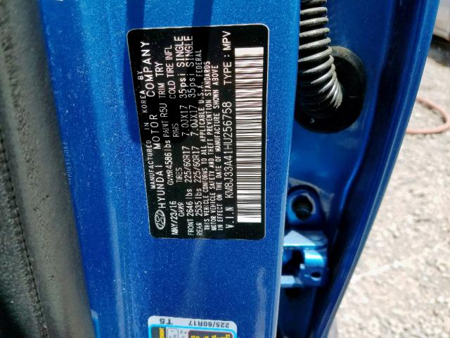 KM8J33A41HU256758 - 2017 HYUNDAI TUCSON LIM BLUE photo 10