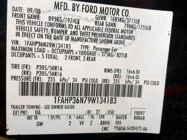 1FAHP36N79W134183 - 2009 FORD FOCUS SES BLACK photo 10